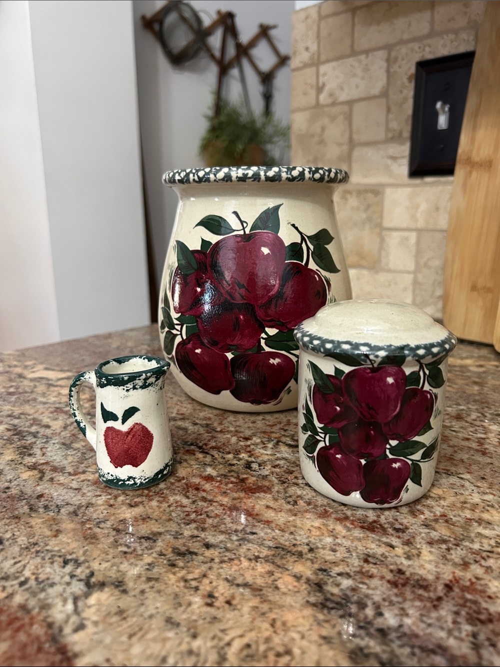 Cream Ceramic Utensil Holder w/Shaker & Toothpick Holder - Red Apple Motif